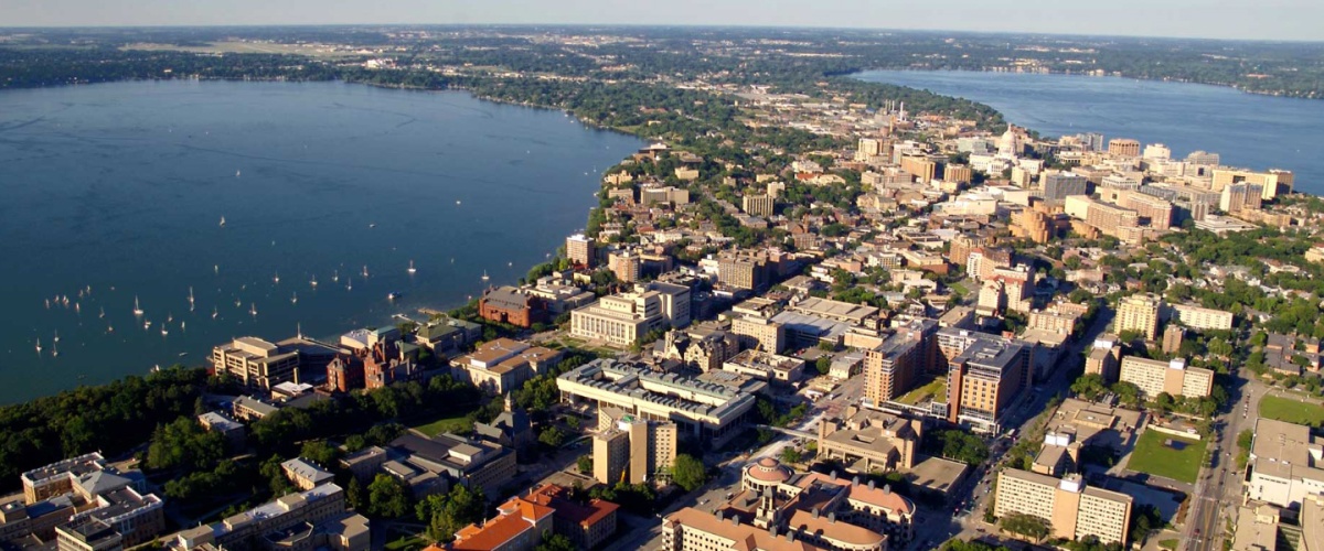 Aerial view of the Madison isthmus with Lake Mendota on the left