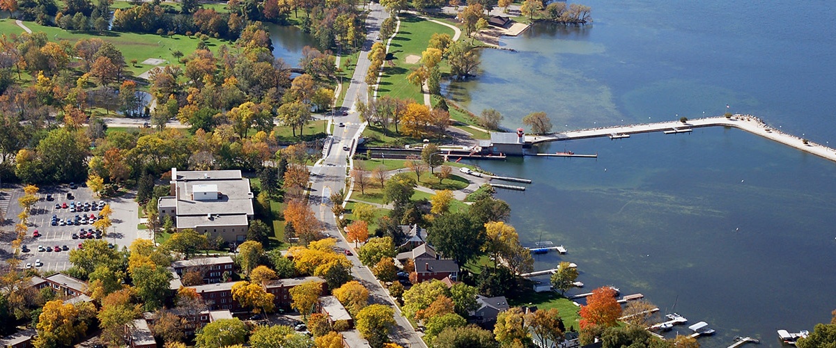 Aerial view of Tenney Park area with Lake Mendota on the right.