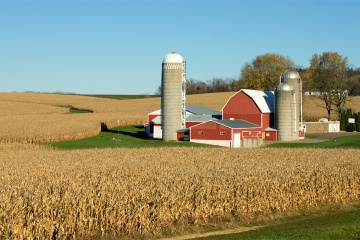 Barn and silos in a field.